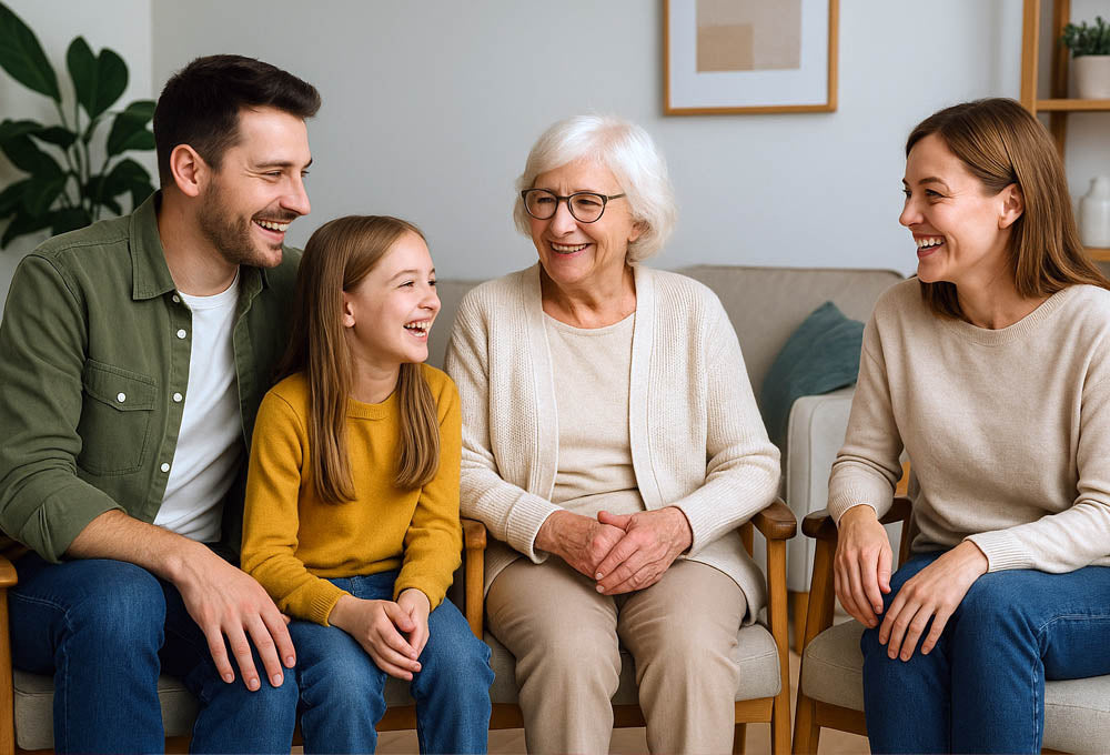 Family sitting in chairs smiling. Dad, then young girl, Grandma and Mum.