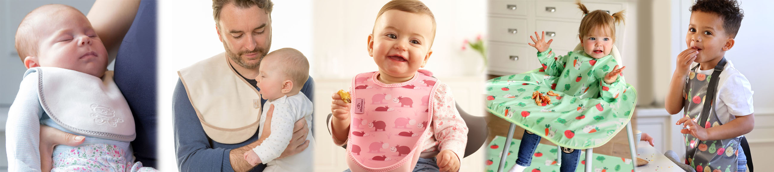 Bibetta - 1 is a baby with a white newborn bib, 2 is a man and baby with a beige burp cloth,  3 is a baby with a pink hippos ultrabib, 4 is a toddler in a highchair with a green coverall bib with a splash mat underneath, 5 is a boy with a grey  kids apron