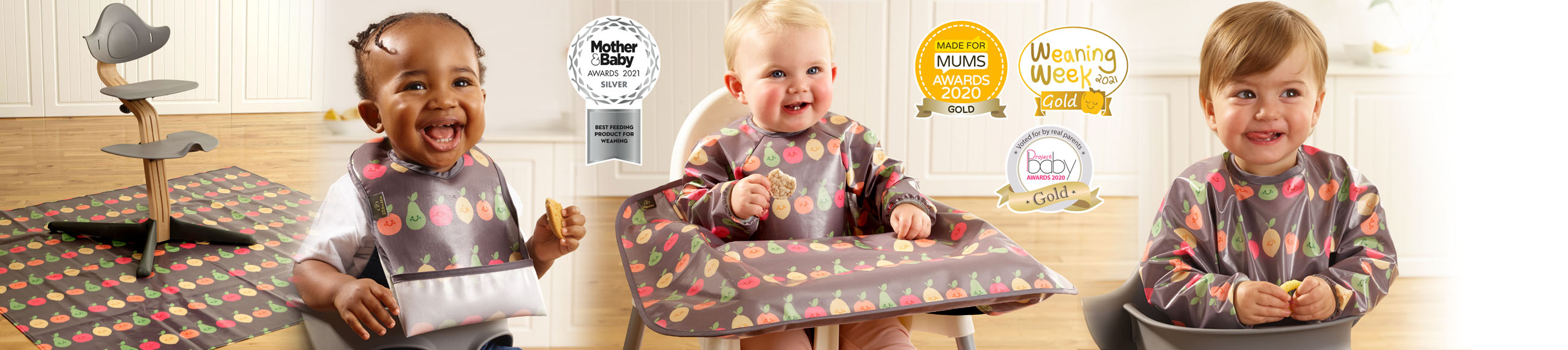 Bibetta’s award winning Wipeezee collection - small bib, a sleeved bib, and an extra-long coverall bib which fits most highchairs. All the bibs have a flip-out pocket and are 100% waterproof, 100% wipe-clean and 100% machine washable.