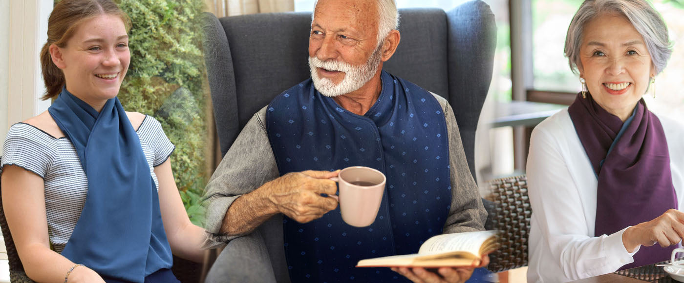 Care Designs collection of straight scarf and cross scarf style adult clothing protector bibs