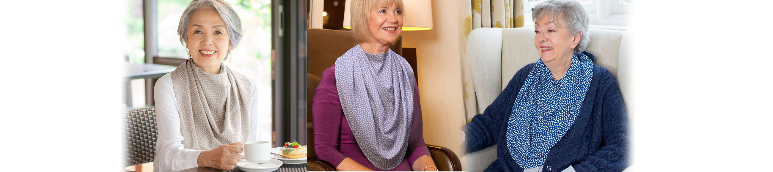 Three older women wearing Care Designs pashmina-style scarf clothing protectors in patterned fabrics, seated in home and café settings, smiling and relaxed.