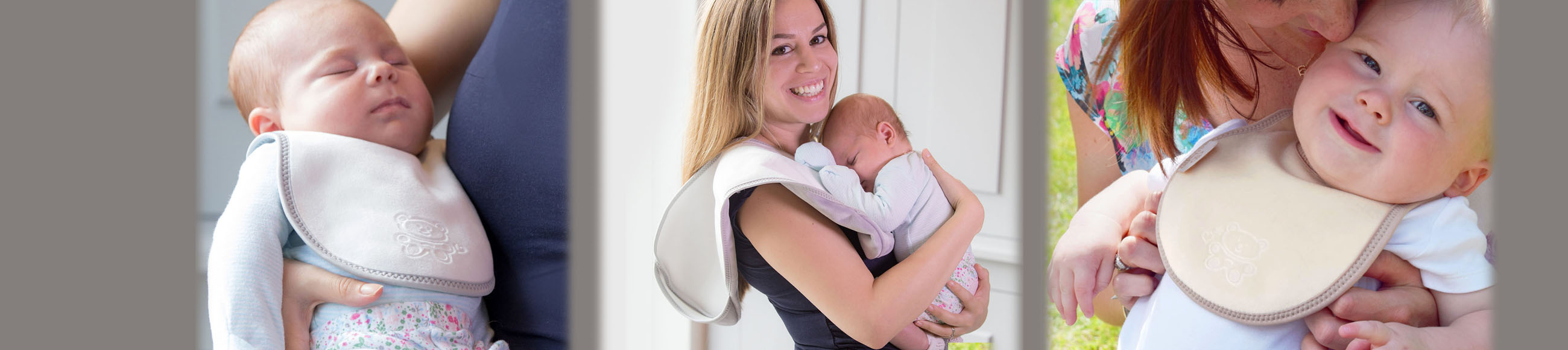 Three images showcase Bibetta’s baby bib and burp cloth in use. A baby sleeping while wearing the bib, a mother holds her baby with the burp cloth over her shoulder, and a smiling baby wears the bib. The product offers comfort and protection for feeding.