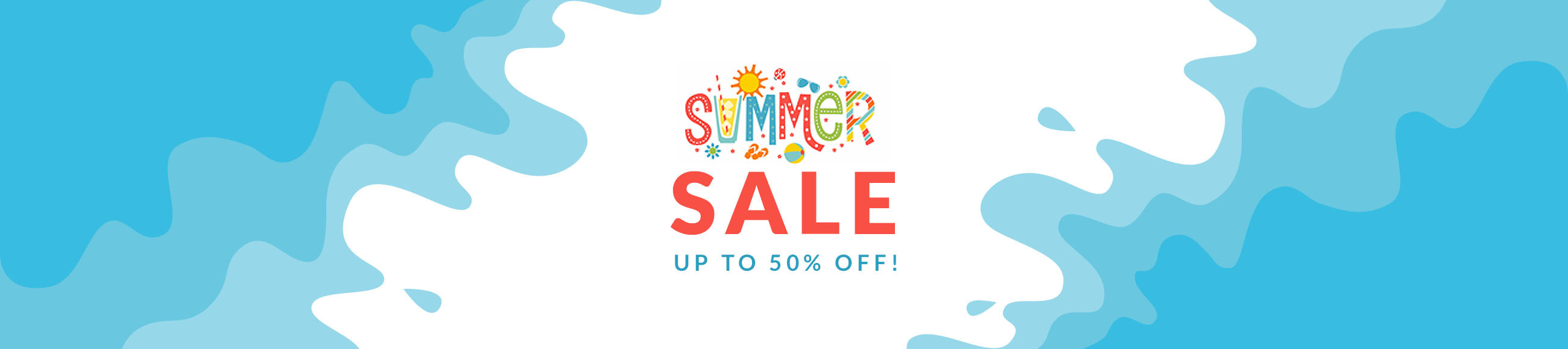 Summer sale - up to 50% off on a sky blue background