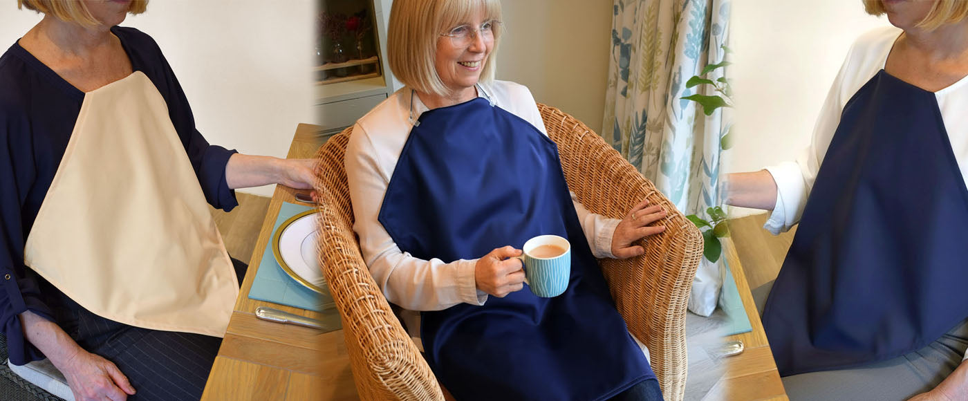 People wearing a variety of Care Designs waterprrof napkins in different settings.