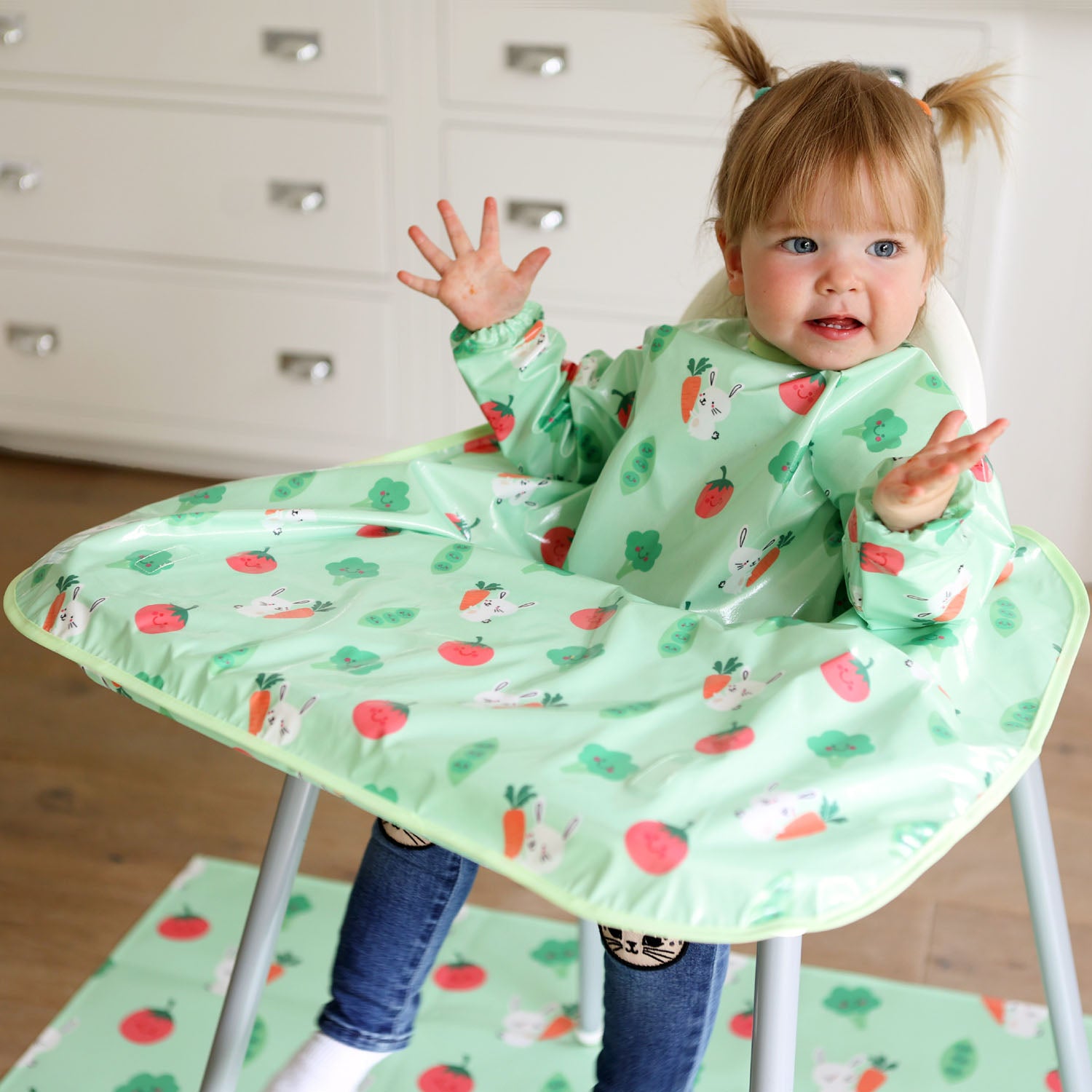Wipeezee Coverall Bib and XL Splash Mat Bundle - Green Bunny and Veg