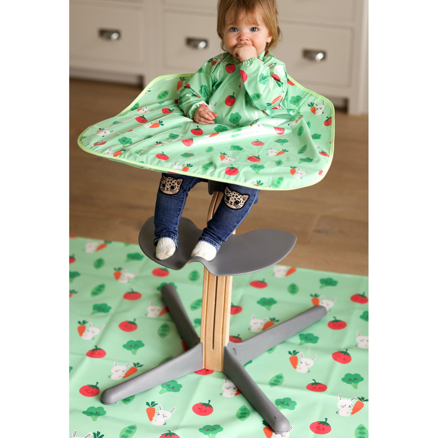 Wipeezee Coverall Bib and XL Splash Mat Bundle - Green Bunny and Veg