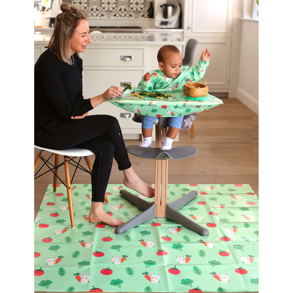Wipeezee Coverall Bib and XL Splash Mat Bundle - Green Bunny and Veg