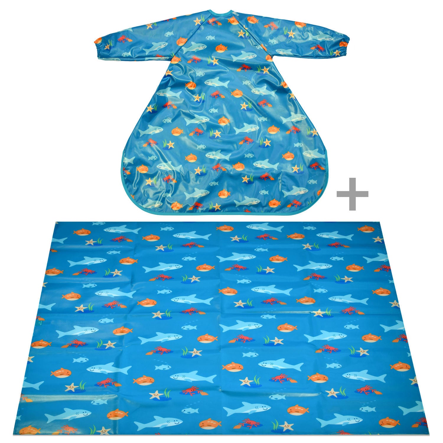 Wipeezee Coverall Bib and XL Splash Mat Bundle - Turquoise Sea Creatures