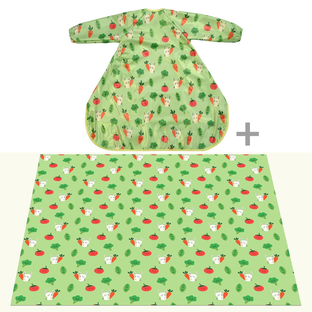 Wipeezee Coverall Bib and XL Splash Mat Bundle - Green Bunny and Veg