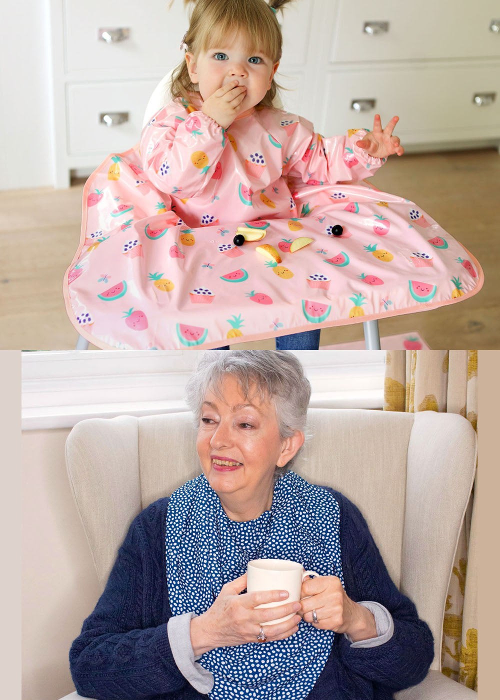 Bibetta Wipeezee XL Coverall Baby Bib in Pink Yummmy Treats print and Care Designs Adult Bib in Pashmina Scarf style with waterproof backing in navy blue and white dots print.