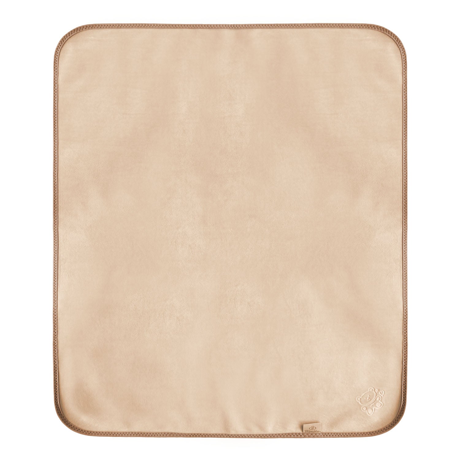 a photo of the front of Bibetta plush tummy time mat in cream with a Bibetta brand label and embossed teddy motif in the bottom right hand corner of the mat.