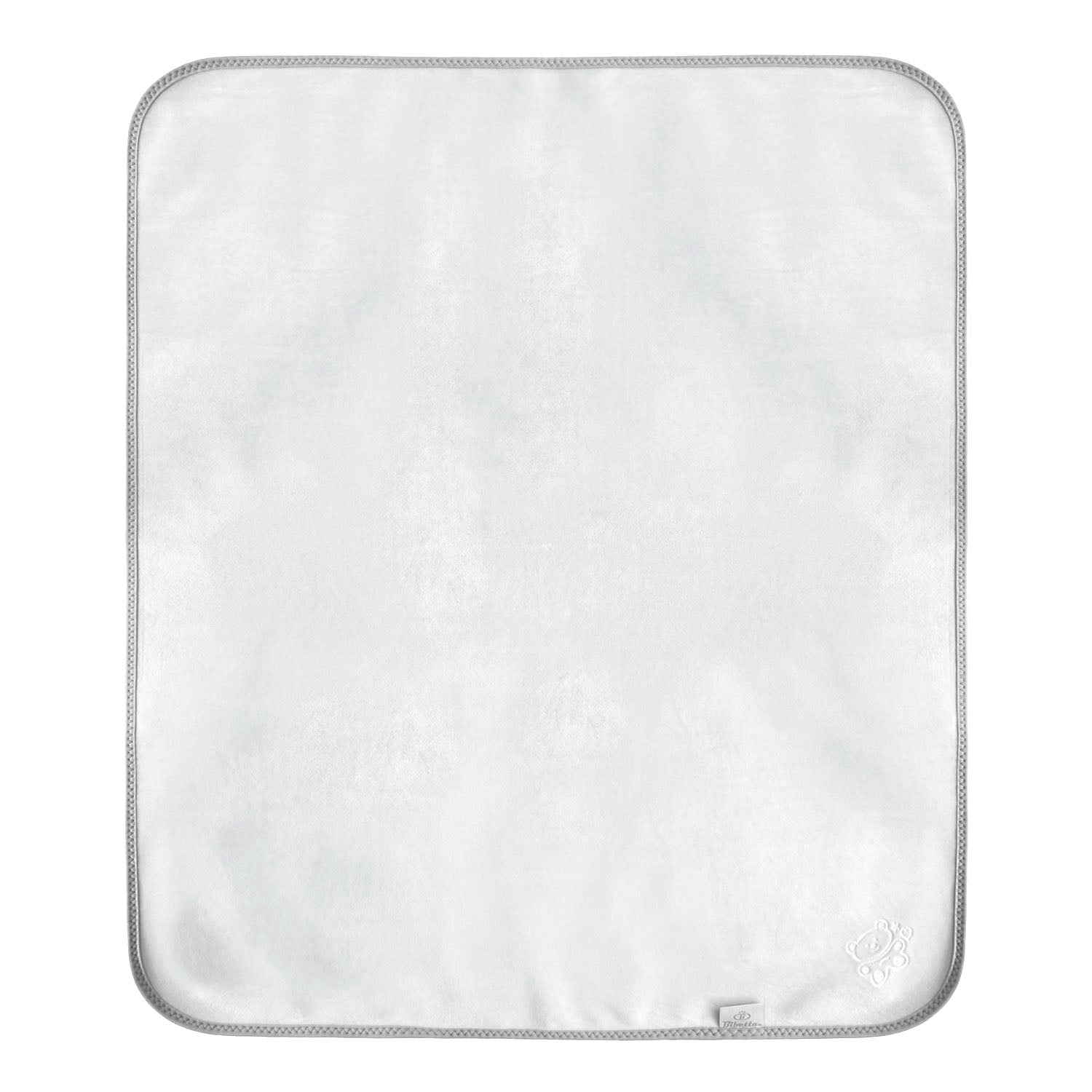 a photo of the front of Bibetta plush tummy time mat in  white with a Bibetta brand label and embossed teddy motif in the bottom right hand corner of the mat.