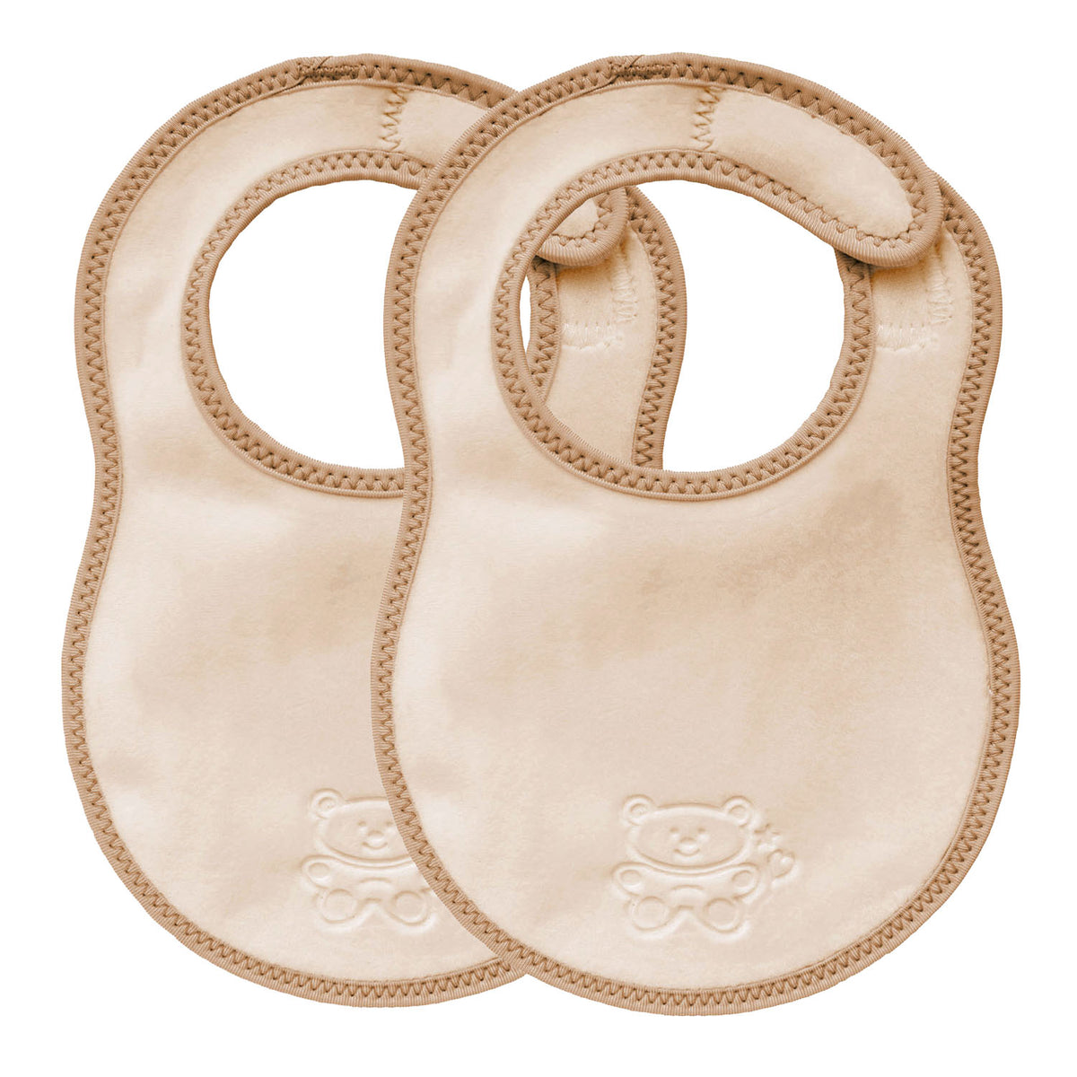 Twobibetta newborn plush cream and beige baby bibs with a beige bias binding with a zig-zag stitch and a teddy embossed in the front on a white background