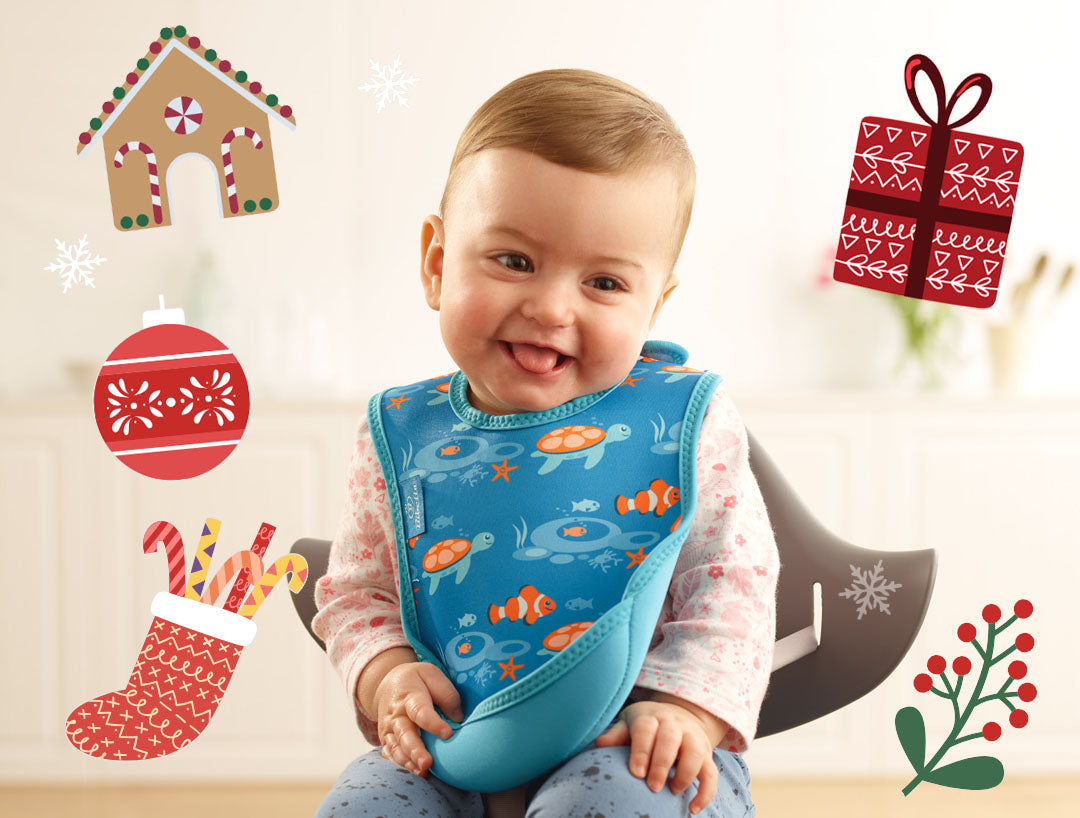 Bibetta and Care Designs bibs homepage with Christmas gifts. Baby wearing a neoprene bib UltraBib and woman wearing a Pashmina Scarf Style adult bib
