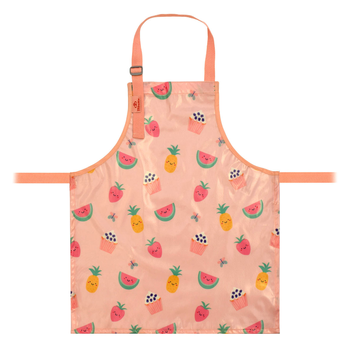 a bibetta wipeezee childs apron in pink yummy treats pattern laid flat . It has pink neck strap and waist straps.
