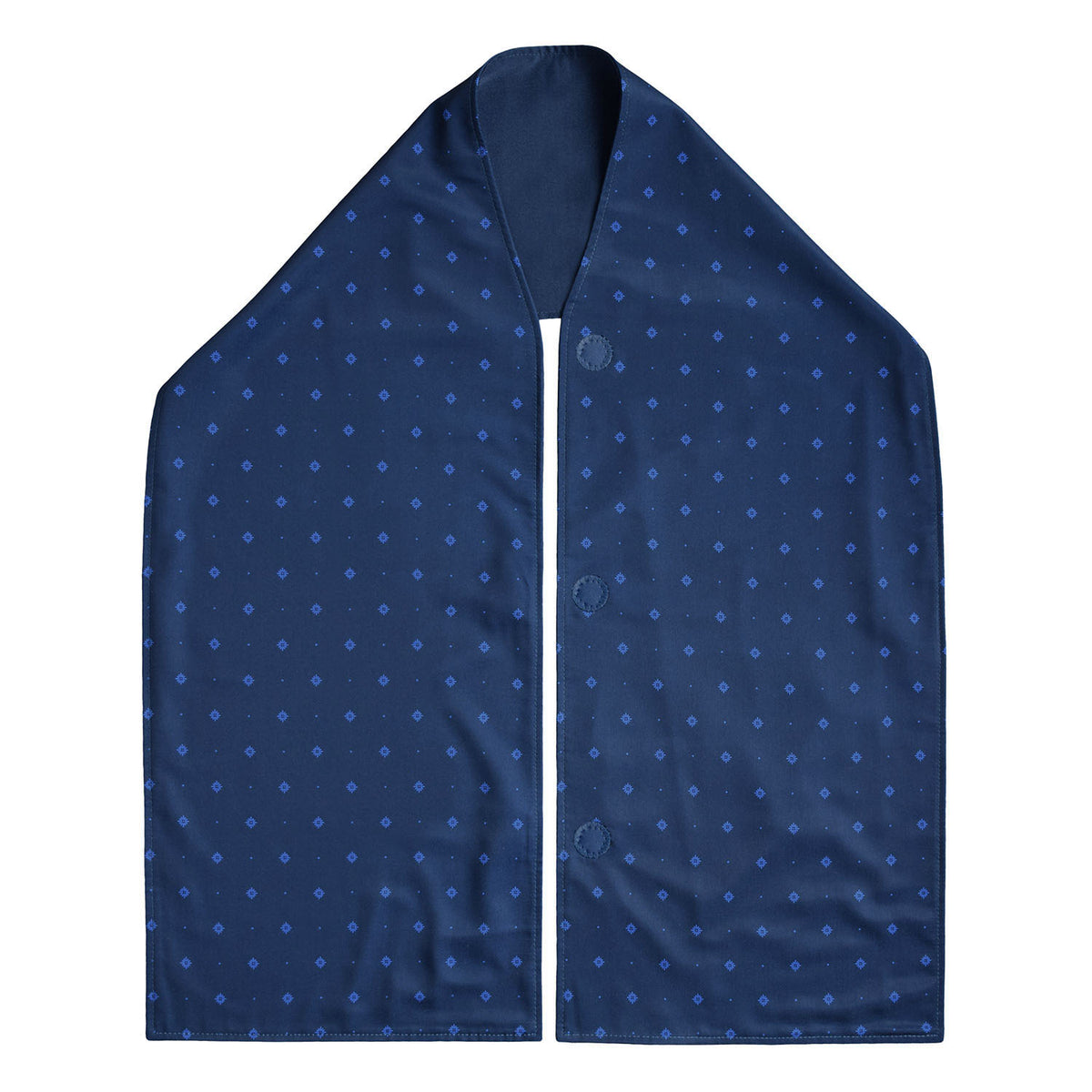Navy blue straight scarf clothing protector with small white polka dots on a white background