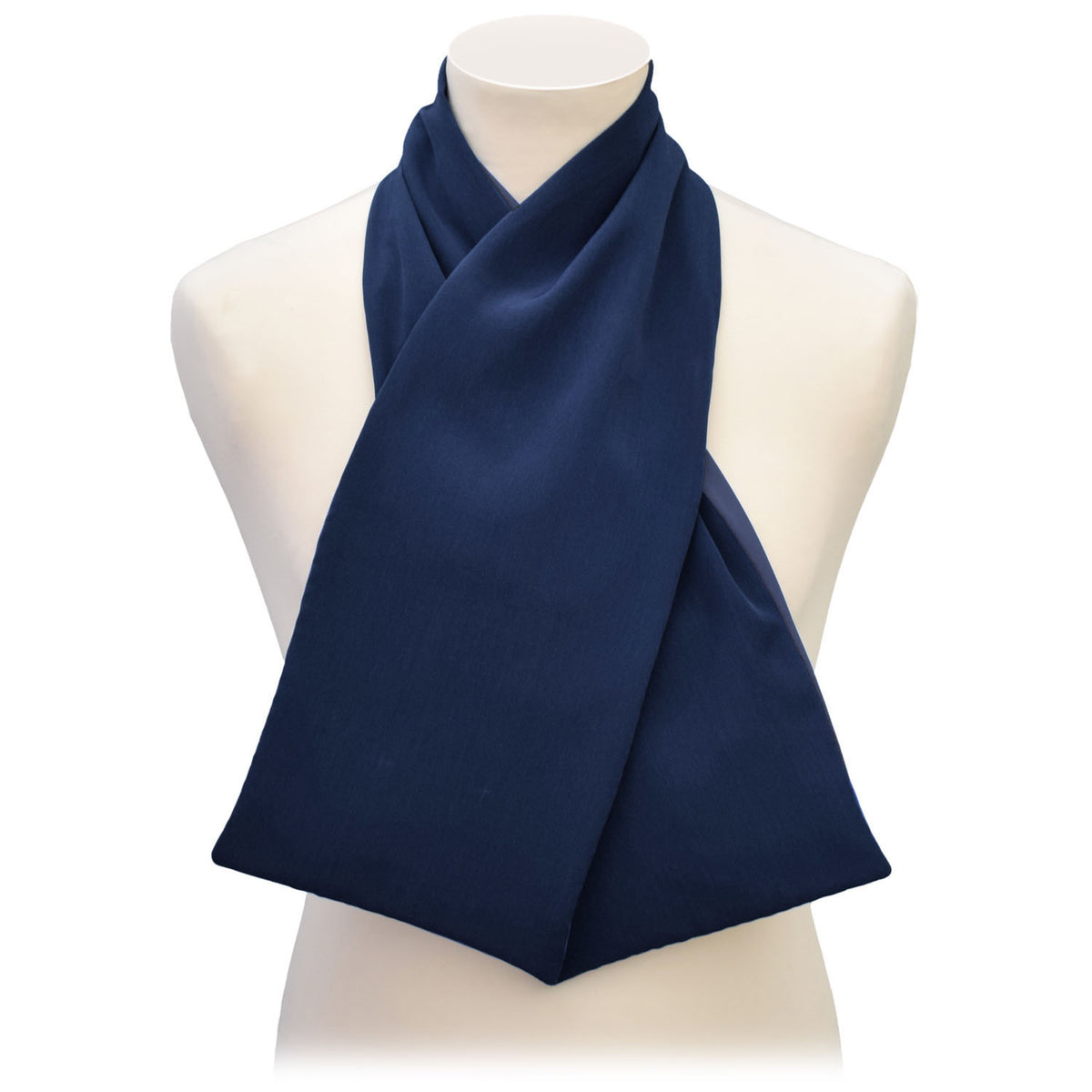 Navy blue cross scarf clothing protector on a mannequin against a white background