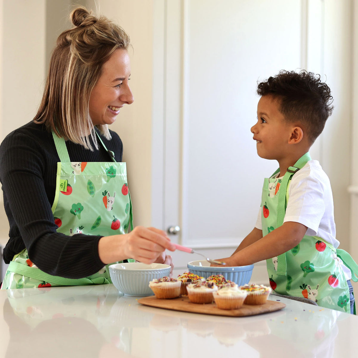 Wipeezee Apron - Child's size - Green Bunny and Veg | Aprons | Bibetta
