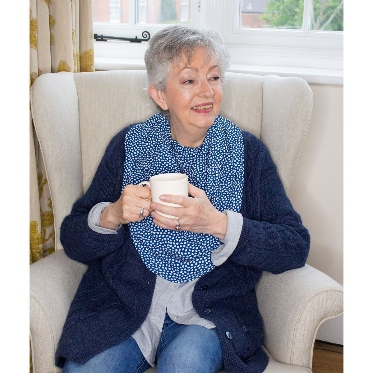 Pashmina scarf style clothing protector - Navy Dot | Health Care | Care Designs