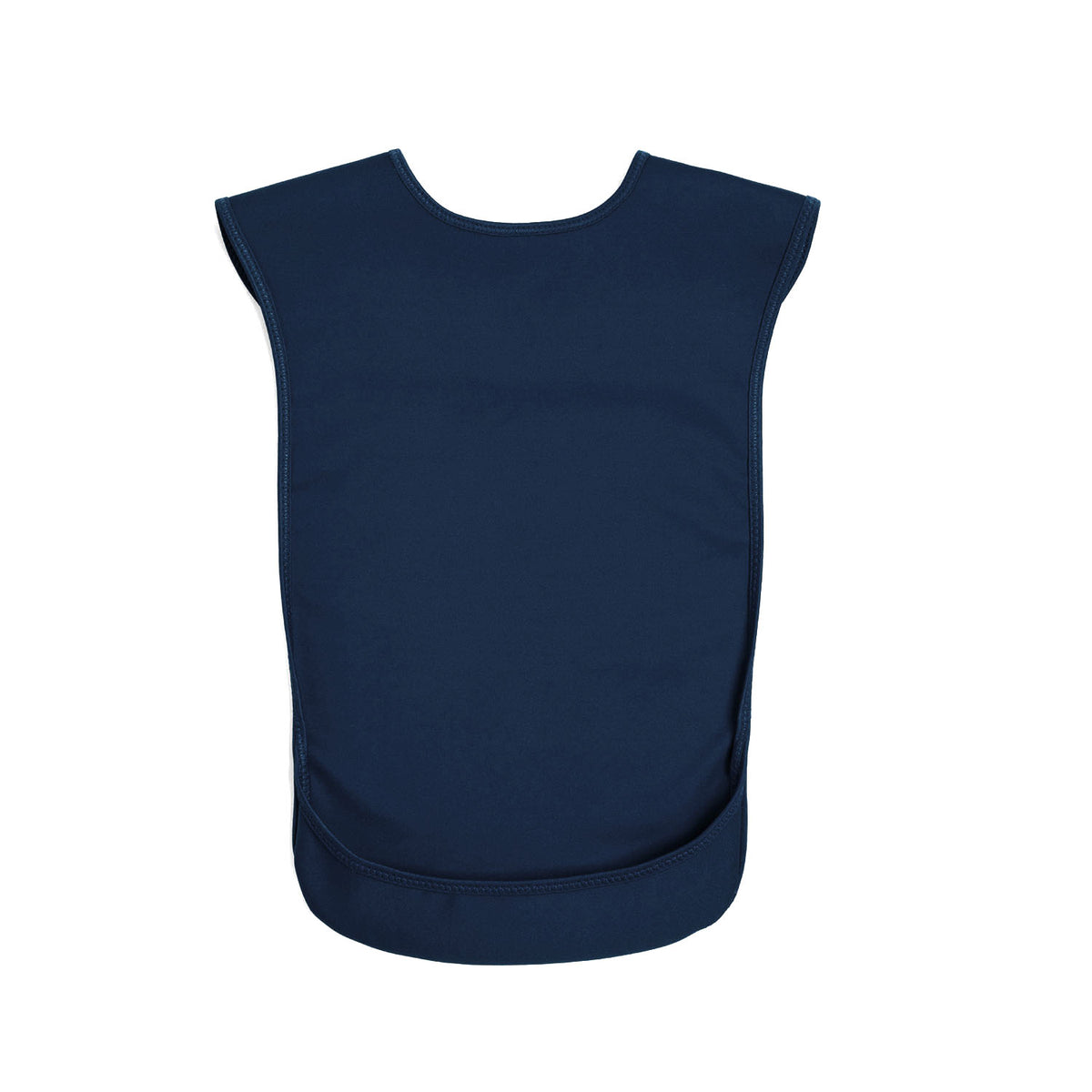 A medium Care Designs navy tabard bib, shown flat against a white background.