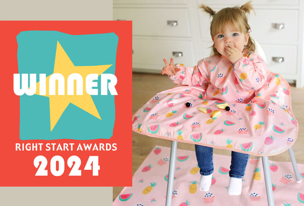 Bibetta Wipeezee splash mat and coverall win Right Start award