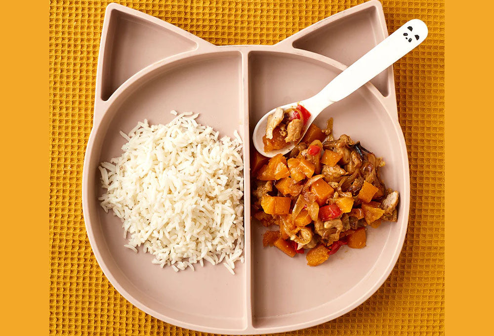 Annabel Karmel Curry and rice on a cat face shaped bowl