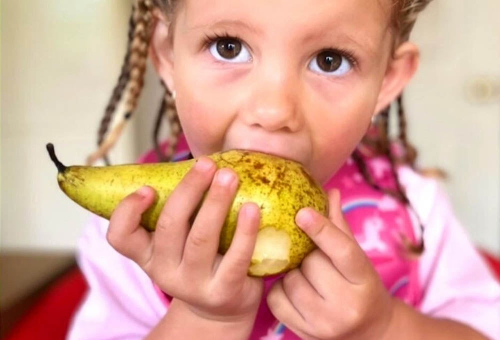 a girl wiht plaited hair weaitng a pink tshirt and a bibetta pink unicorns ultrabib eating a pear