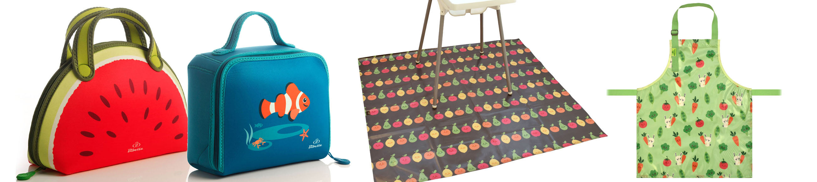Bibetta Accessories including Neoprene Lunch Bags, Splash Mats and cooking and craft Aprons.