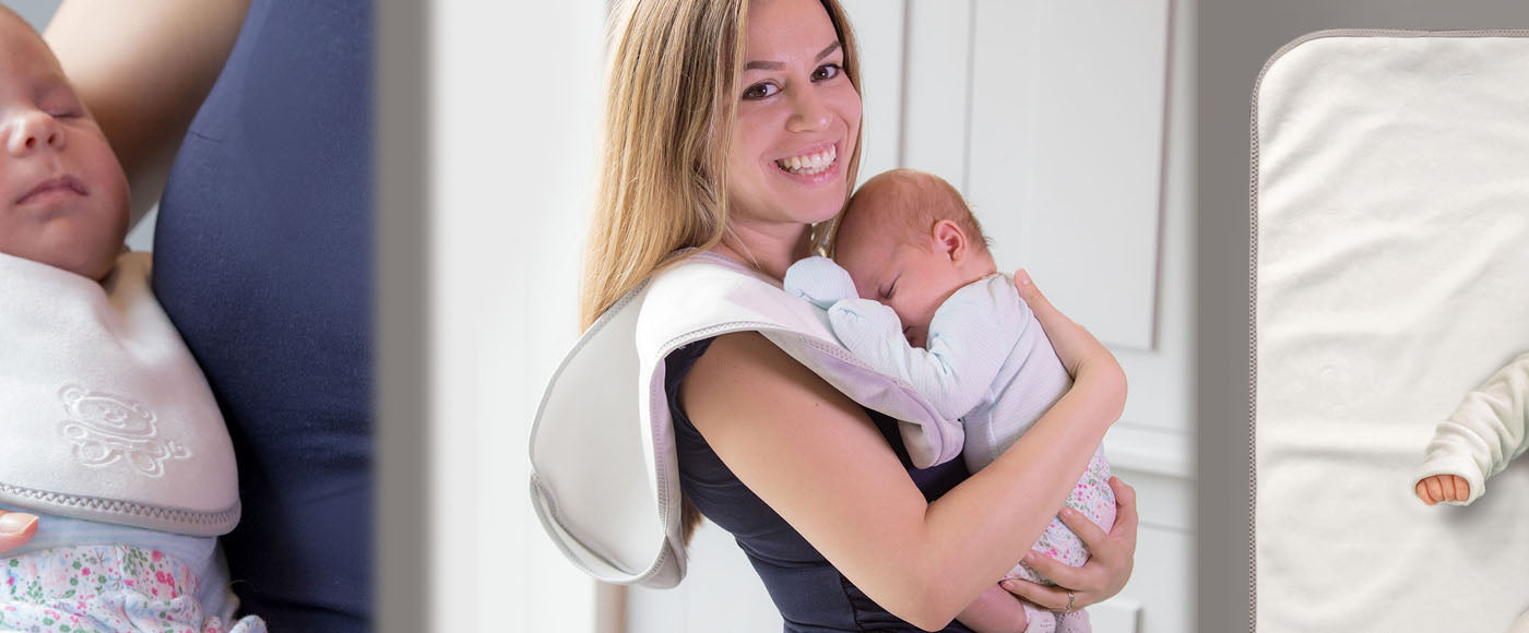 Three images showcase Bibetta’s baby bib, burp cloth and tummy time mat in use. A baby sleeping while wearing the bib, a mother holds her baby with the burp cloth over her shoulder, and a baby lying on the mat. The products offer comfort and protection.