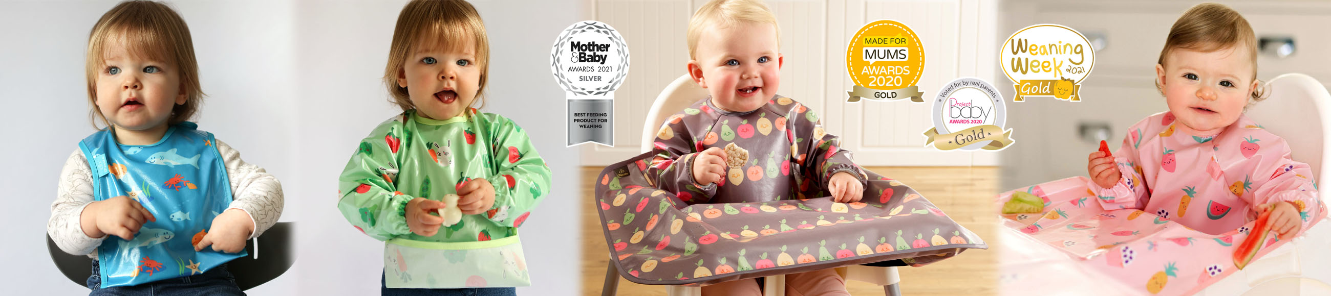 Bibetta’s award winning Wipeezee collection - small bib, a sleeved bib, and an extra-long coverall bib which fits most highchairs. All the bibs have a flip-out pocket and are 100% waterproof, 100% wipe-clean and 100% machine washable.