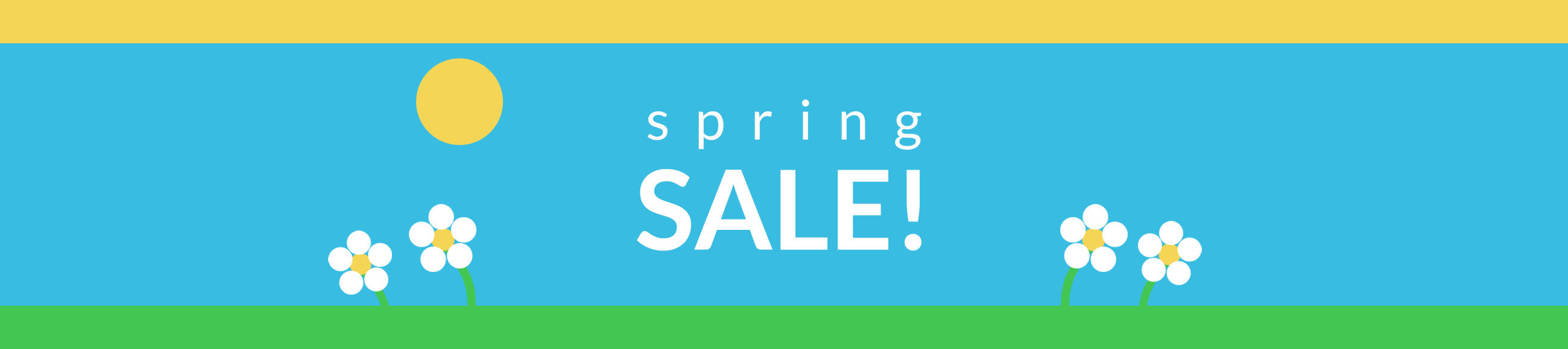 header for top of web page with yellow stripe at the top, a blue background with the words spring sale and flower and a green stripe at the bottom.