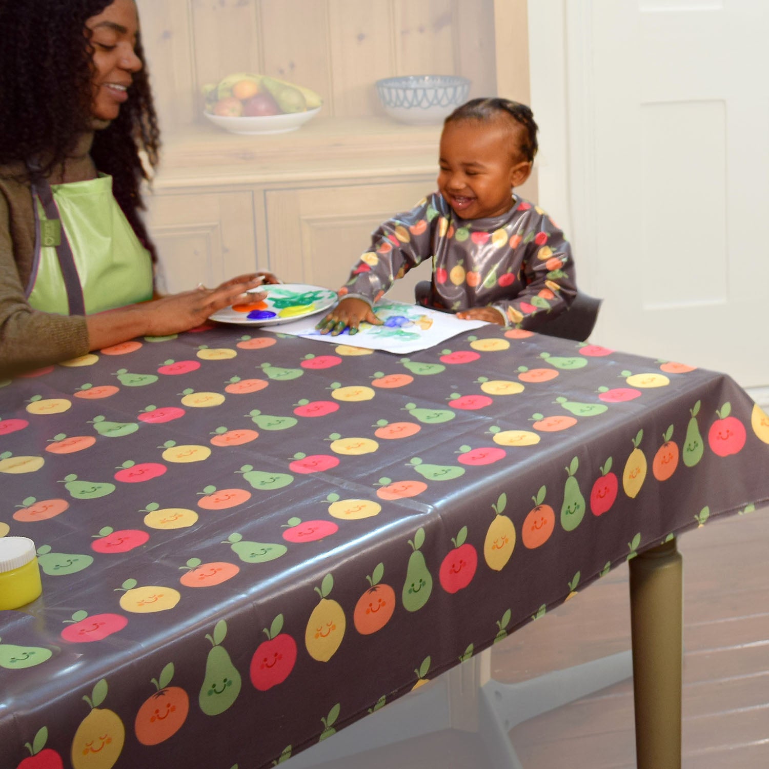 Wipeezee Child Apron and Splash Mat Bundle - Grey Happy Fruit