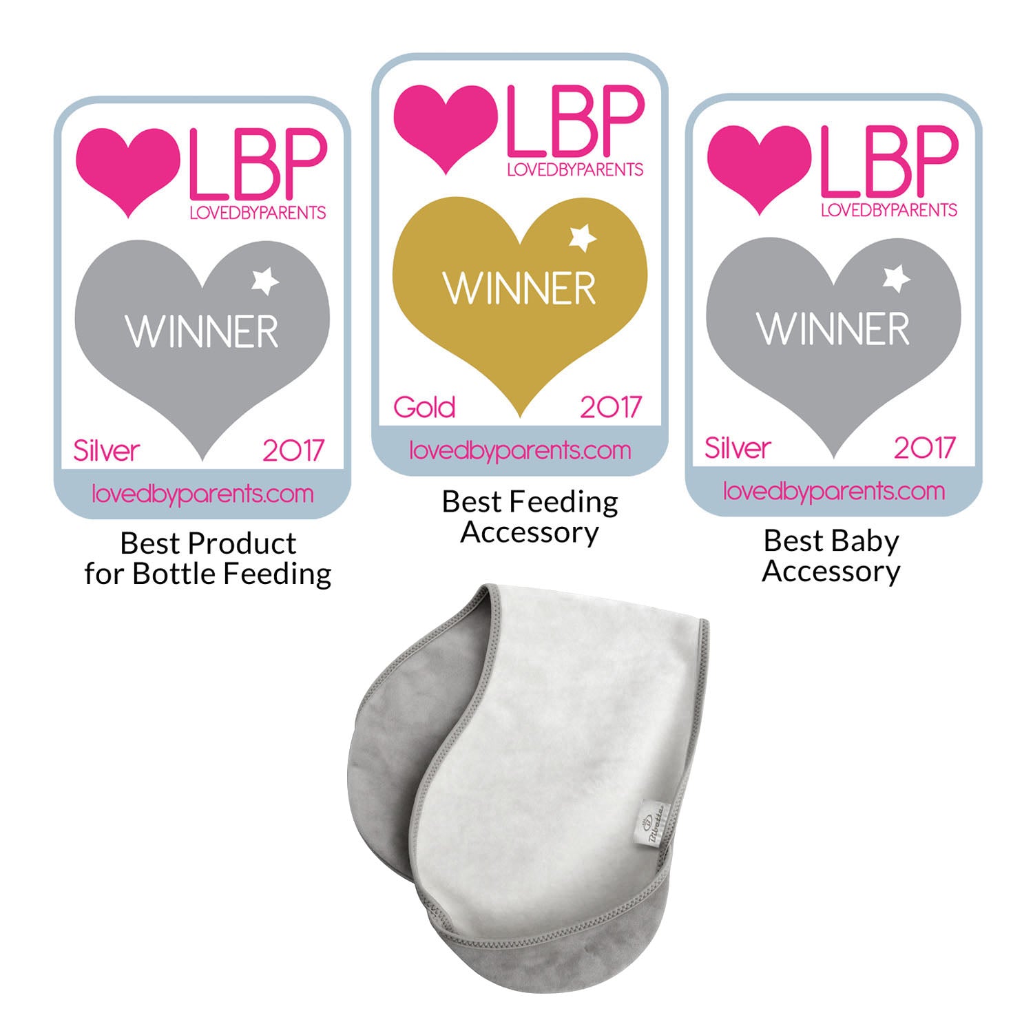 bibetta burp cloth in white and grey folded in half on a white background with three awards from LBP in 2017. Silver for Best Product for Bottle Feeding, Gold for Best Feeding Accessory, Silver for Best Baby Accessory