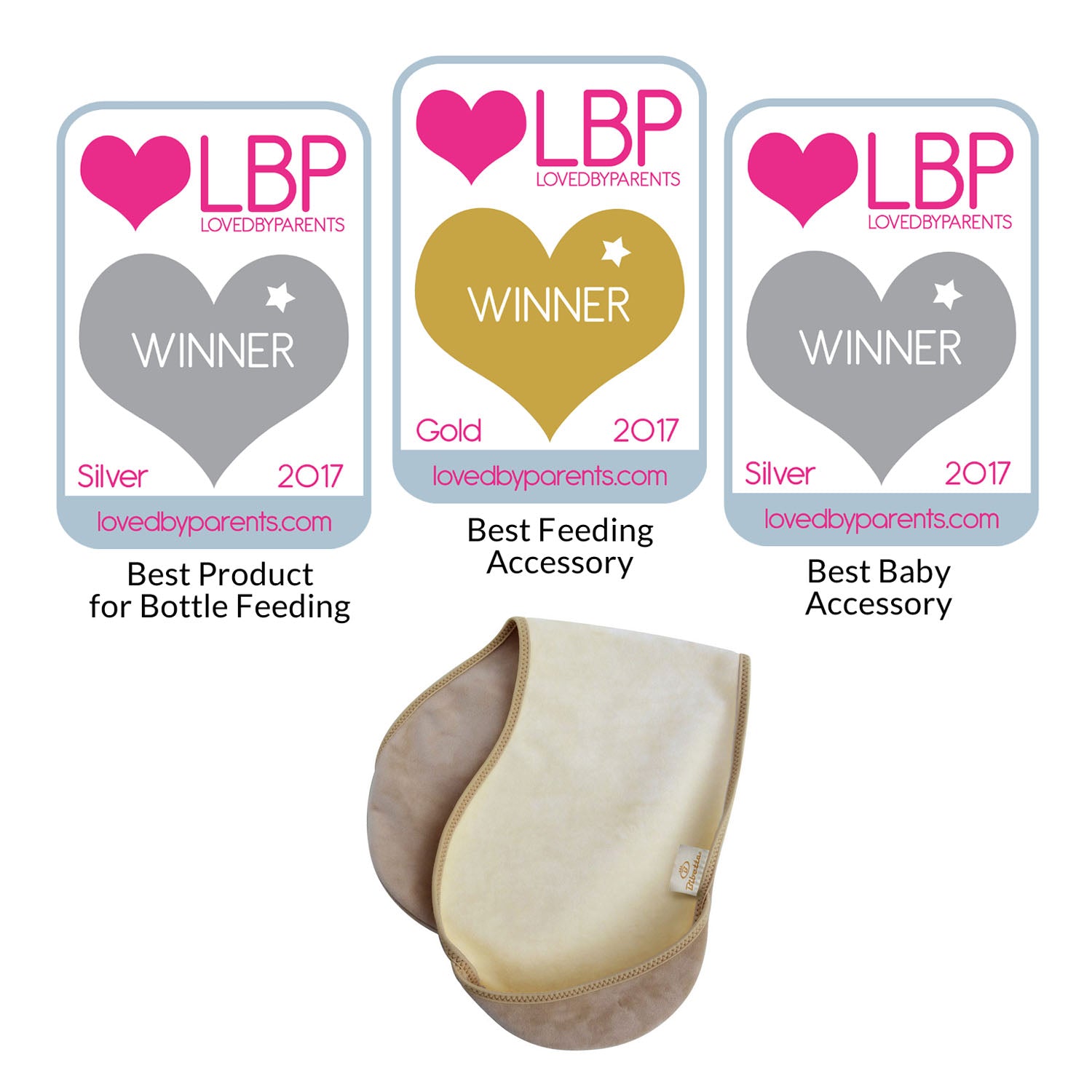 bibetta burp cloth in cream and beige folded in half on a white background with three awards from LBP in 2017. Silver for Best Product for Bottle Feeding, Gold for Best Feeding Accessory, Silver for Best Baby Accessory