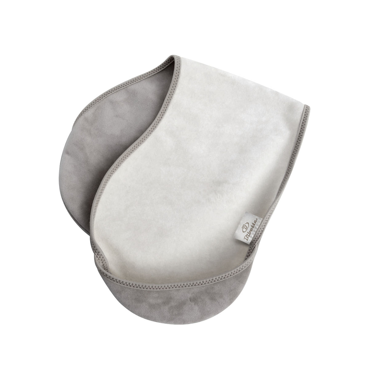 bibetta burp cloth in white and grey folded in half on a white background