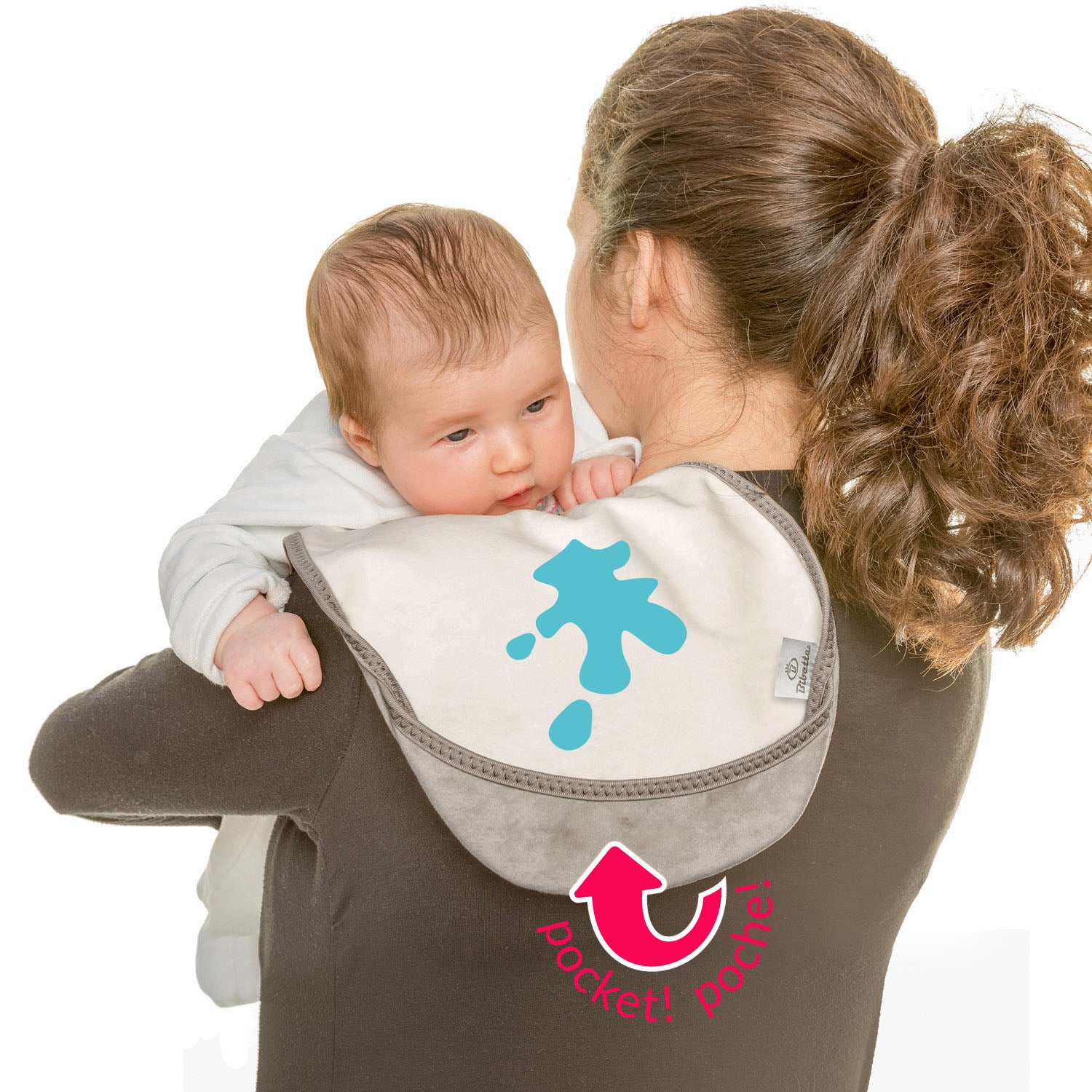 lady with dark hair up in a ponytail wearing a long brown t-shirt holding a baby in a white onesie on her shoulder with a Bibetta white and grey burp cloth. The burp cloth has a graphical blue splat on the cloth to show how milk absorbs into the cloth. Plus a pink icon to show how the pocket flips out to catch liquid.