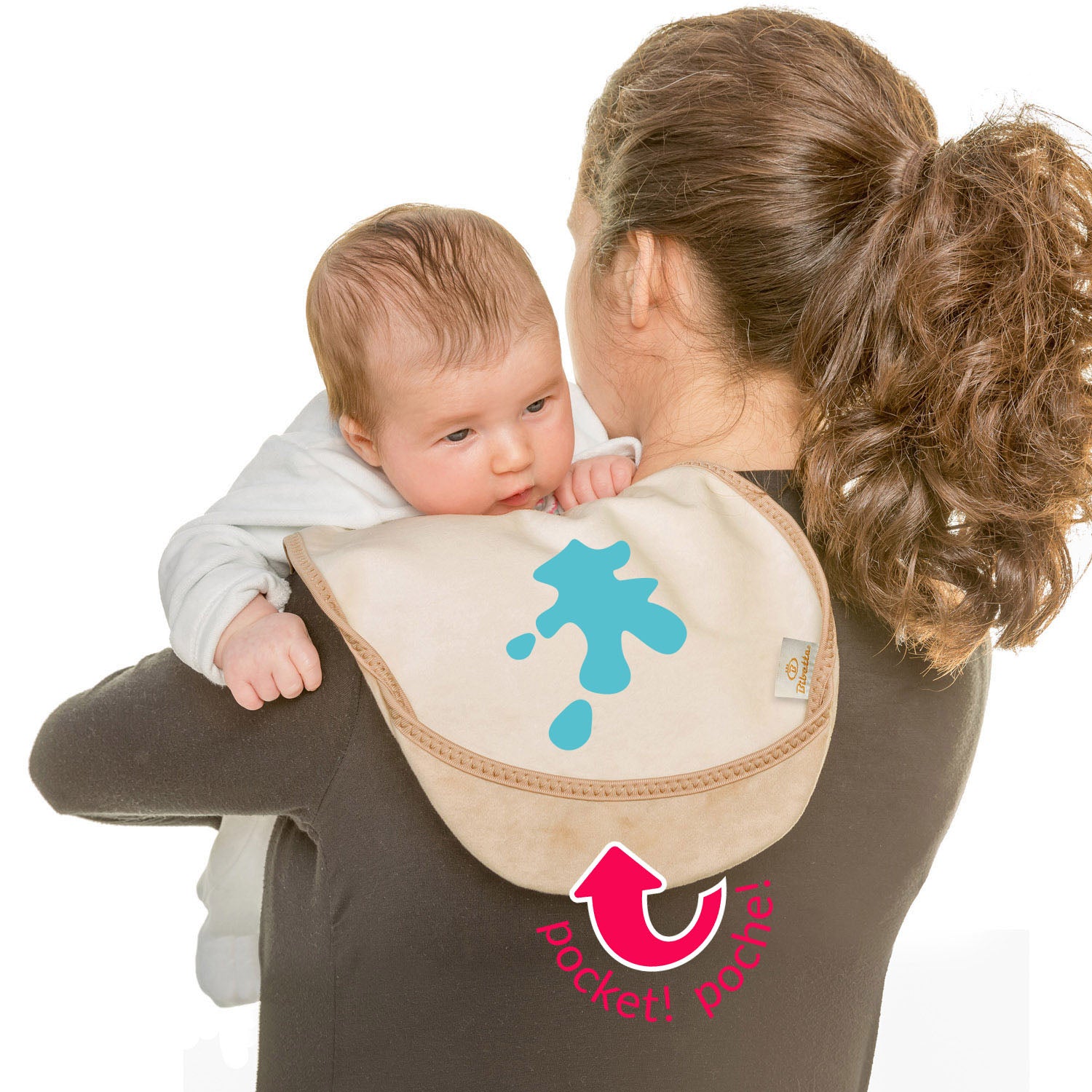 lady with dark hair up in a ponytail wearing a long brown t-shirt holding a baby in a white onesie on her shoulder with a Bibetta cream burp cloth. The burp cloth has a graphical blue splat on the cloth to show how milk absorbs into the cloth. Plus a pink icon to show how the pocket flips out to catch liquid.