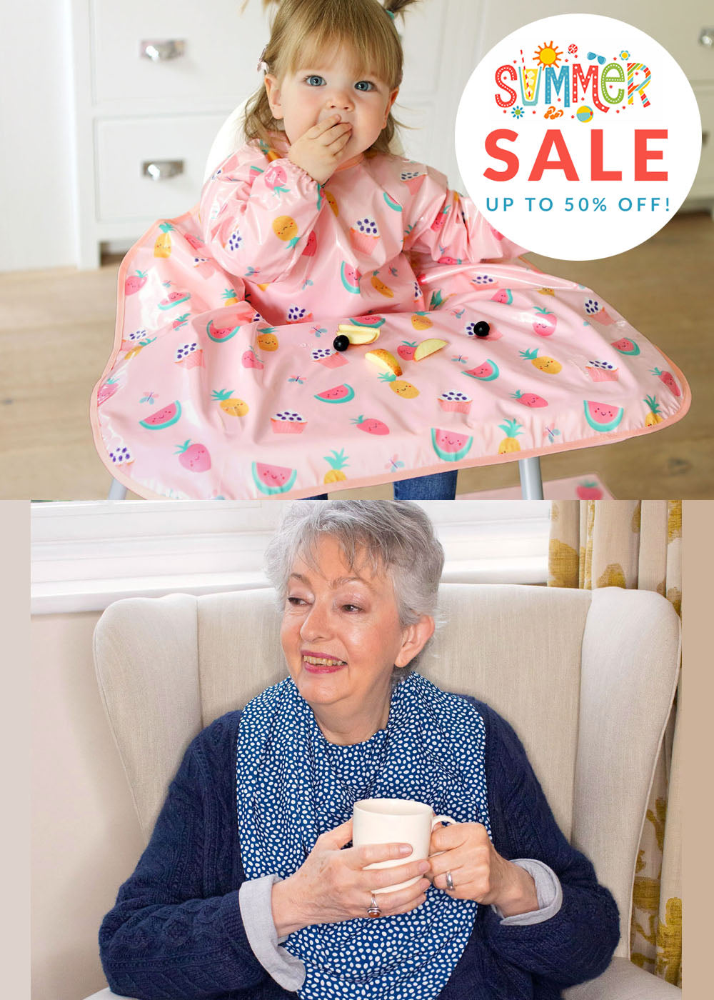 Bibetta Wipeezee XL Coverall Baby Bib in Pink Yummmy Treats print and Care Designs Adult Bib in Pashmina Scarf style with waterproof backing in navy blue and white dots print with 'Summer Sale' graphic in the corner.