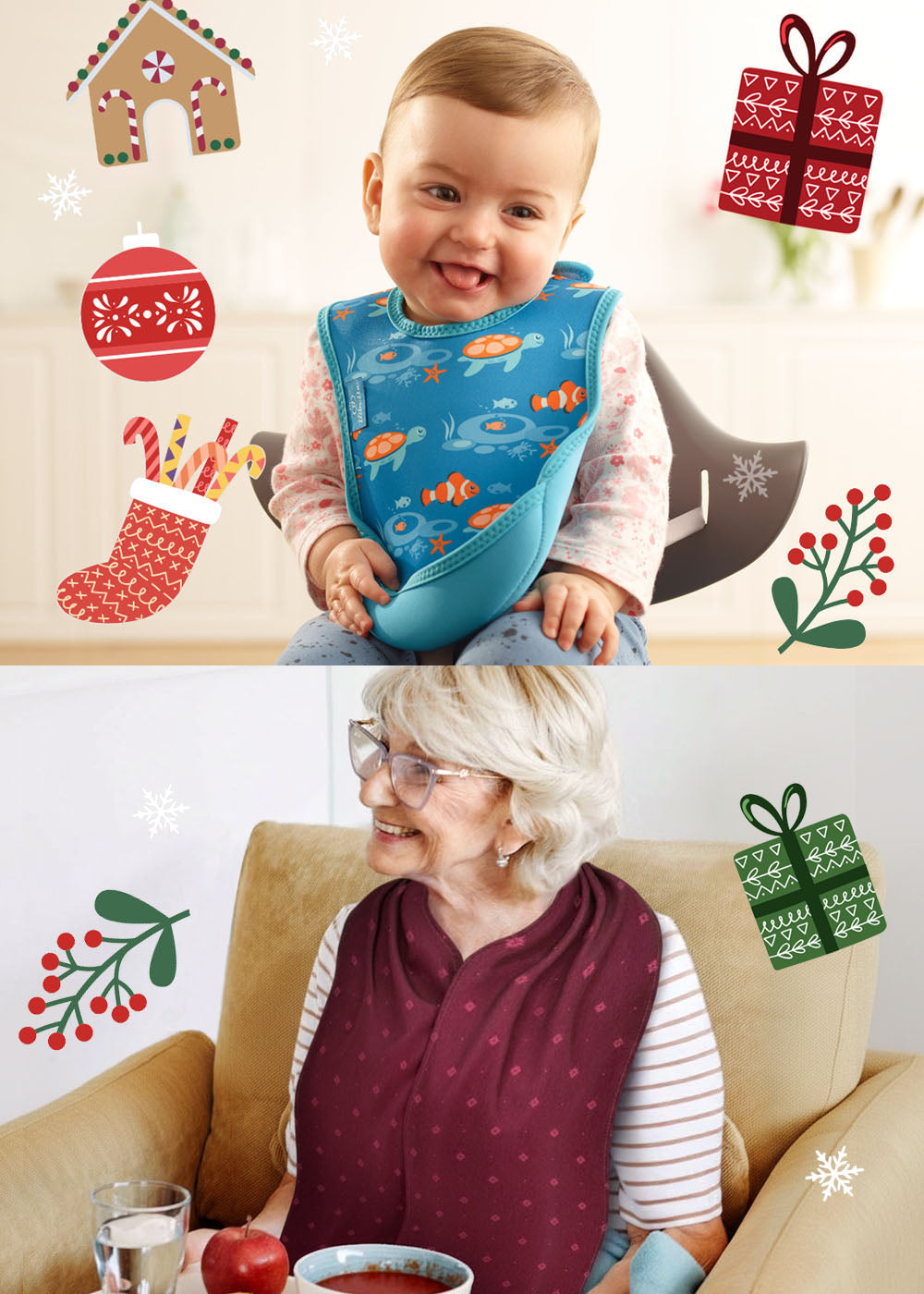 Baby wearing a Bibetta neoprene Ultrabib bib with pelican pocket and a senior woman wearing a Care Designs Straight Scarf style adult bib in burgundy pattern. Stylish, elegant, dignified design, absorbent and with a waterproof backing.