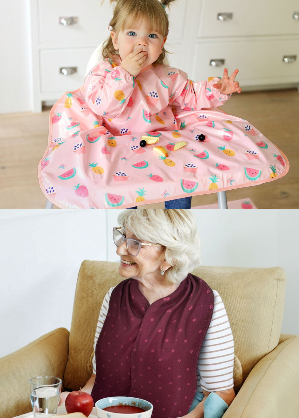 A Bibetta Wipeezee Coverall Baby Bib in Pink Yummy Treats print on a young child and a Care Designs Adult Bib in Pashmina Scarf style with waterproof backing in navy blue and white dots print on a senior woman.