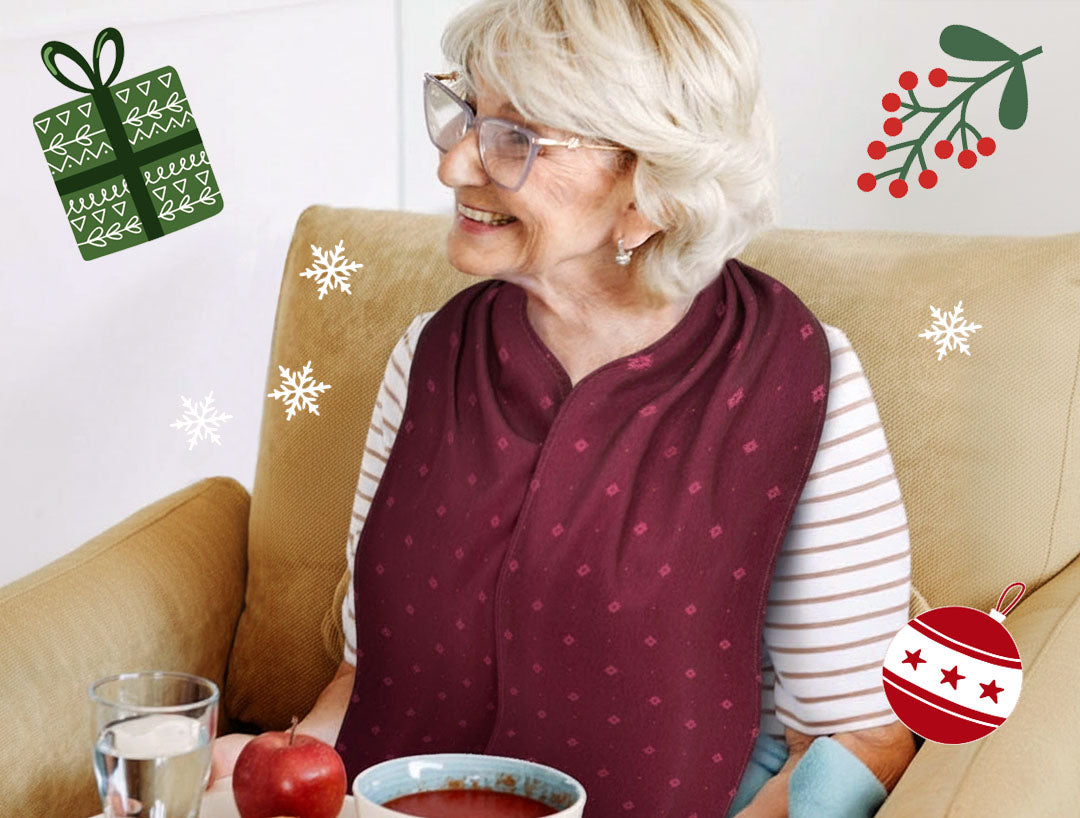 Bibetta and Care Designs Straight Scarf style adult bib in burgundy pattern. Stylish, elegant, dignified design, absorbent and with a waterproof backing.