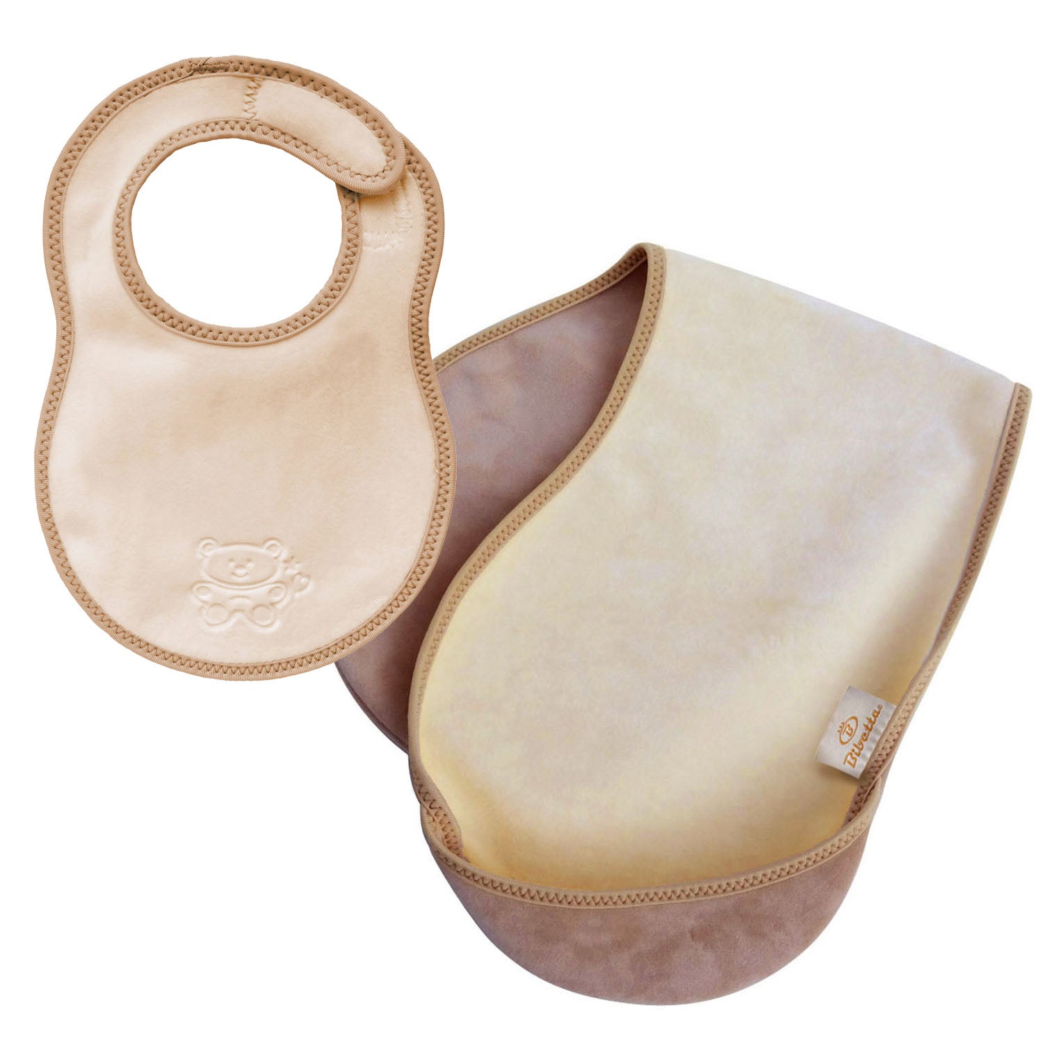 bibetta newborn plush cream and beige baby bib and burp cloth with a beige bias binding with a zig-zag stitch and a teddy embossed in the front on a white background. The burp loth in folded in half and has the pockets folded to the the front.