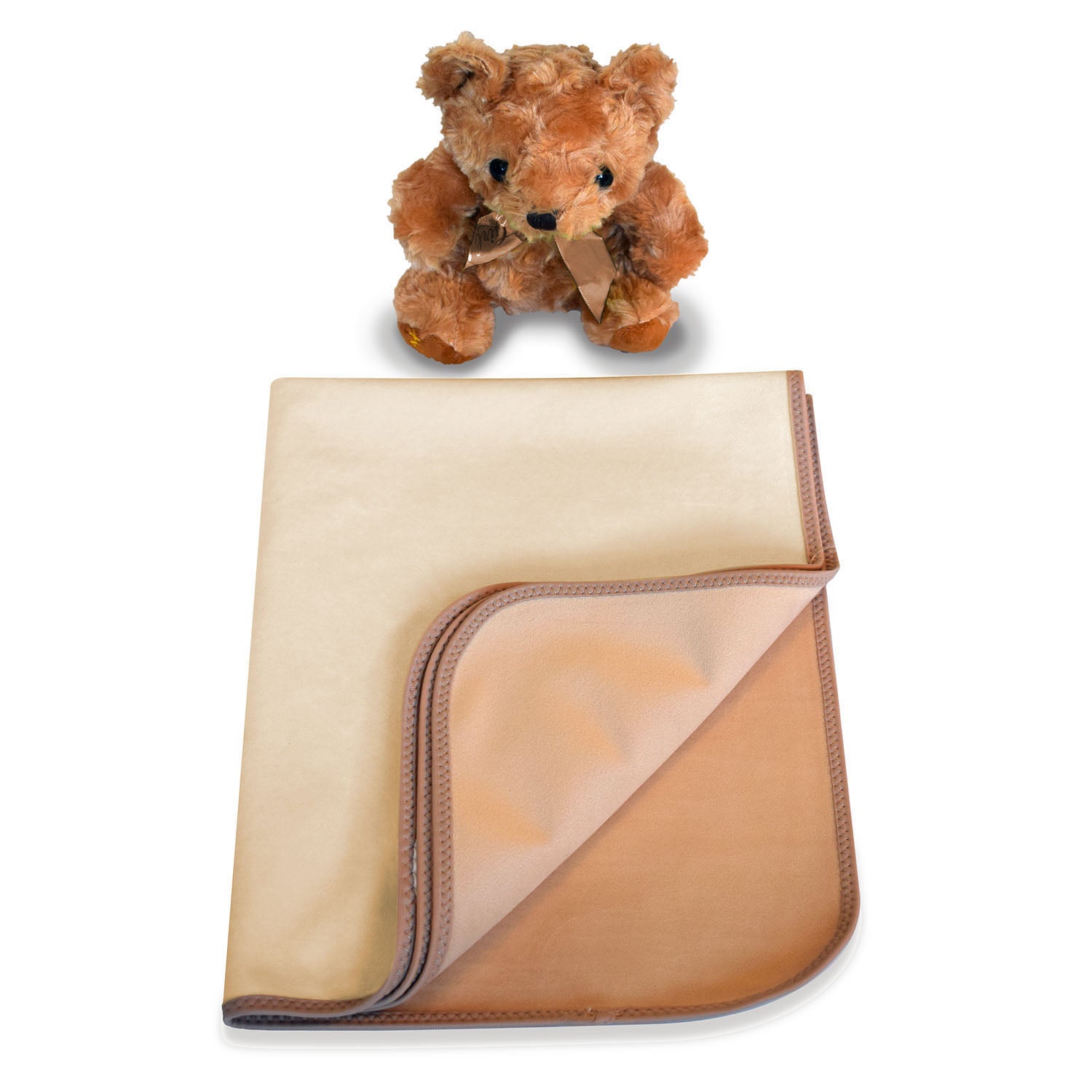 A beige teddy at the top of the picture. Below is a Bibetta plush tummy time mat in cream and beige folded into a quarter with the mat folded back on itself to show the beige colour from the back.