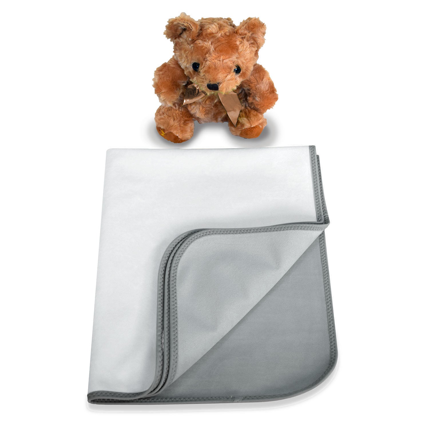 A beige teddy at the top of the picture. Below is a Bibetta plush tummy time mat in white and grey folded into a quarter with the mat folded back on itself to show the grey colour from the back.