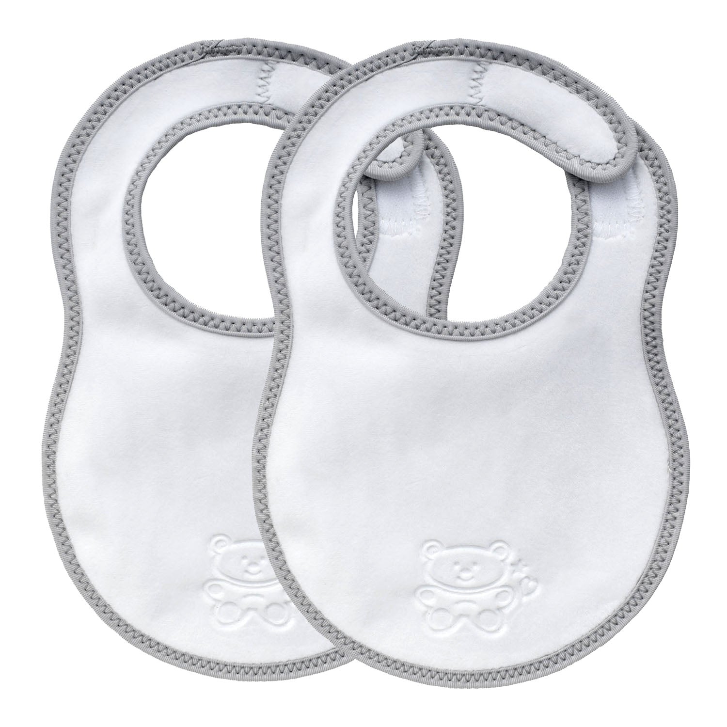 Two bibetta newborn plush white and grey baby bibs with a grey bias binding with a zig-zag stitch and a teddy embossed in the front on a white background