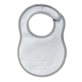 bibetta newborn plush white and grey baby bib with a grey bias binding with a zig-zag stitch and a teddy embossed in the front on a white background