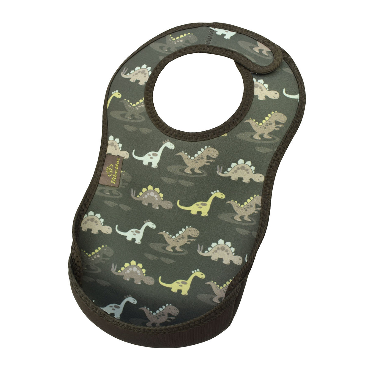 Bibetta grey baby bib with dinosaurs pattern, made of neoprene material, featuring different dinosaurs in a design with the pocket flipped out to the front