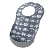 Bibetta grey baby bib with elephants pattern, made of neoprene material, featuring different elephants in a design with the pocket flipped out to the front