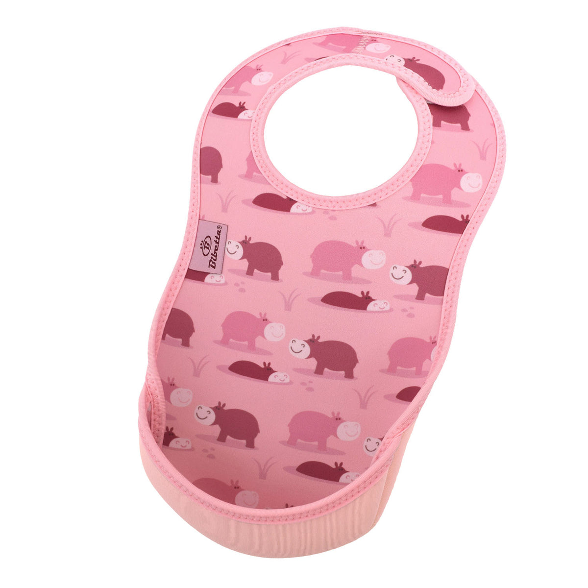 Bibetta pink baby bib with hippos pattern, made of neoprene material, featuring different coloured hippos in a design with the pocket flipped out to the front