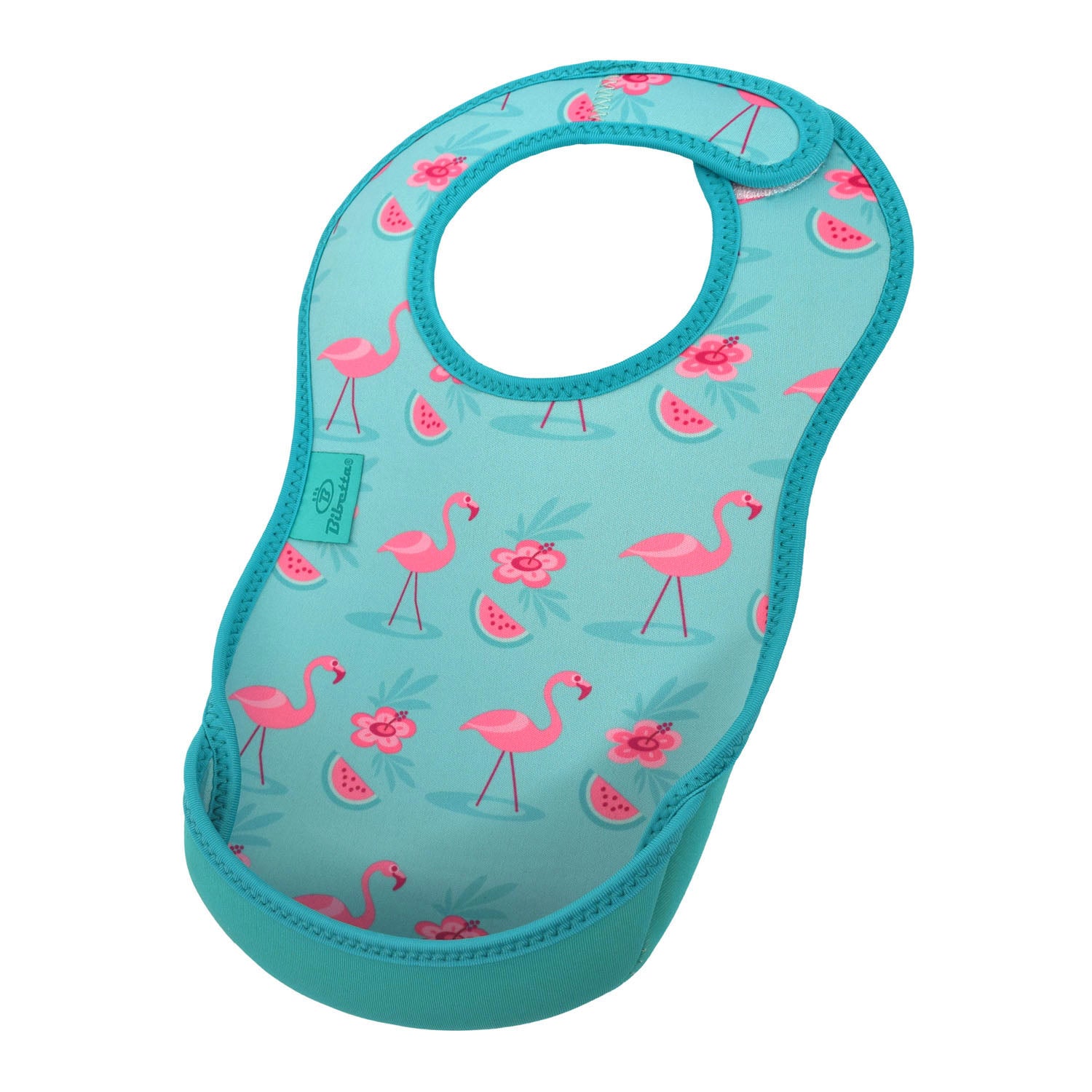 Bibetta turquoise baby bib with flamingos pattern, made of neoprene material, featuring flamingos, flowers and melons in a design with the pocket flipped out to the front